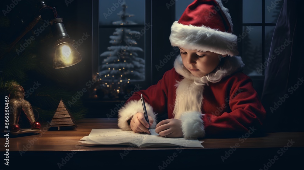 Charming young child is writing a heartfelt letter to Santa Claus. Dressed in cozy winter attire, the child is surrounded by a festive atmosphere, embodying the spirit of the holiday season.