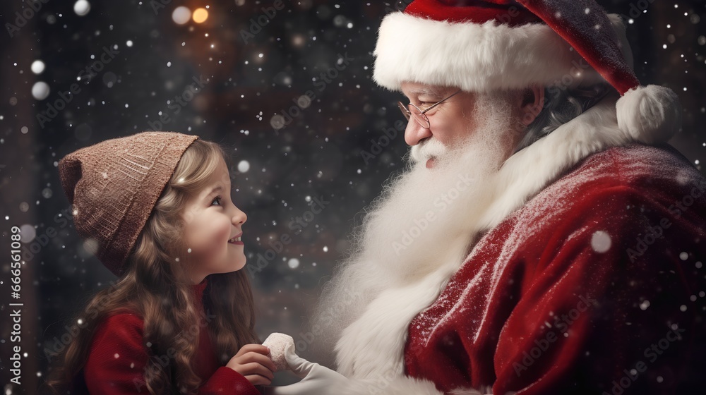 Little girl engaging in a delightful conversation with Santa Claus. Magical moment for kids and children in Christmas season embodying the spirit of the holiday season.