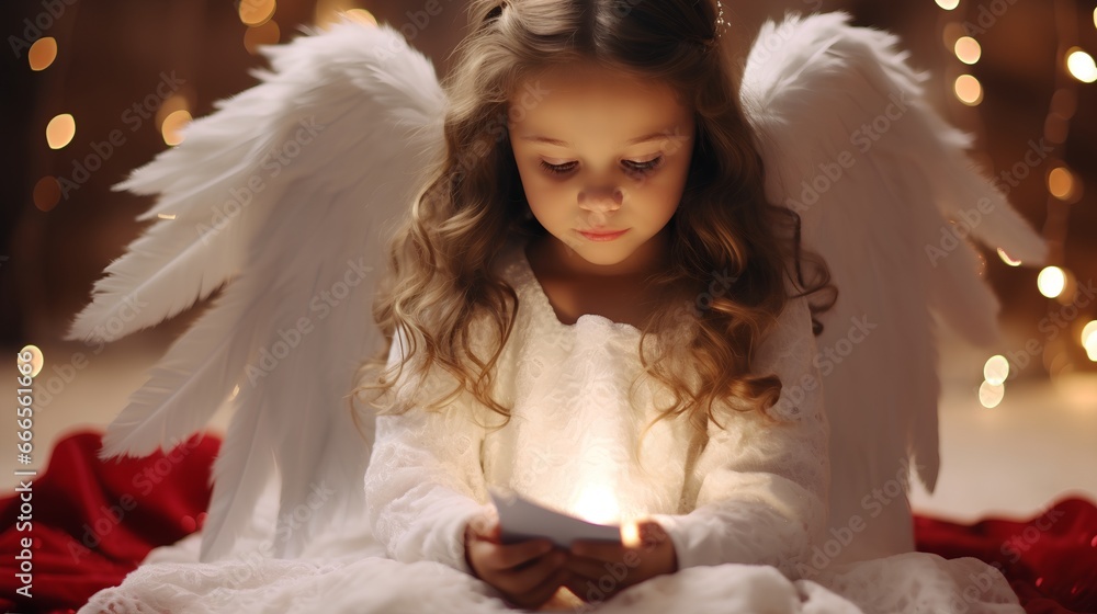 A charming, cute and sweet, angeliclooking little girl reading a letter from Santa Claus. Angel wings embodying the magical spirit of the Christmas season. Beautiful, warm and cozy home.