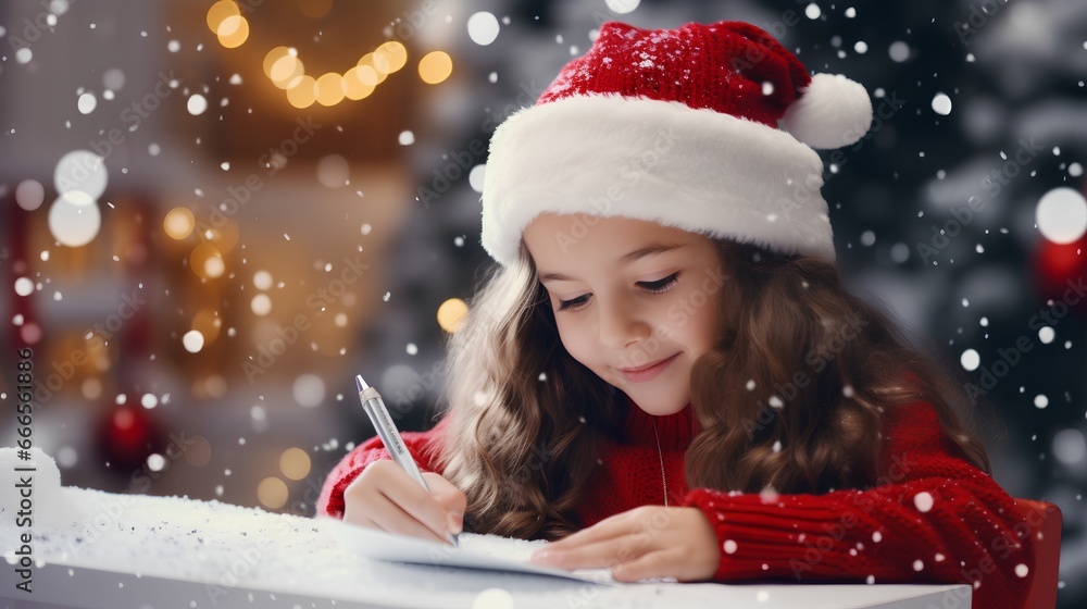 Cute little girl is writing wishlist letter to Santa Claus. She is near beautifully decorated Christmas tree, surrounded by a warm and festive twinkling lights holiday ambiance. Children happiness.