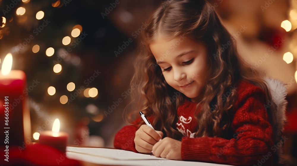 Cute little girl is writing wishlist letter to Santa Claus. She is near beautifully decorated Christmas tree, surrounded by a warm and festive twinkling lights holiday ambiance. Children happiness.