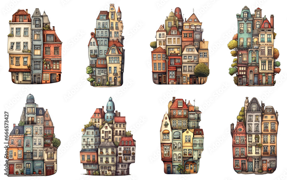 Set of cute cartoon houses in the style of a fairy tale, isolated illustrations for book. Generative AI