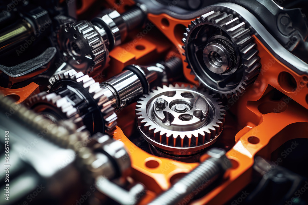 Engine with cogwheels and gears working. Industrial close-up