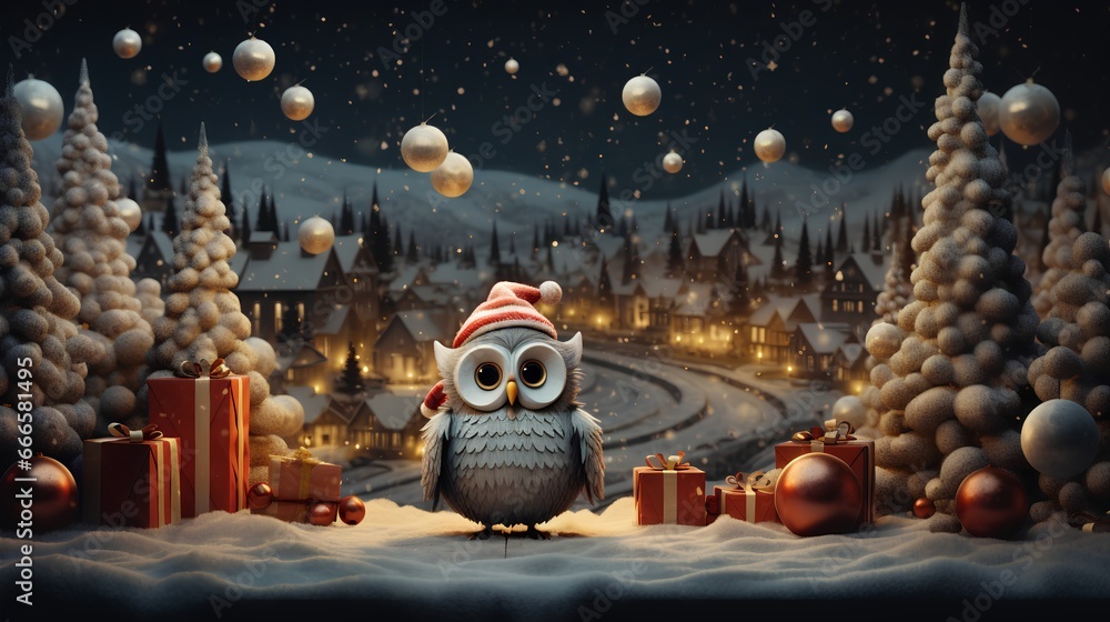 Funny Christmas owl, adorned with festive ornaments and winter themed decorations. The owl is illustrated with a playful, holiday inspired design, featuring traditional snowed Christmas elements.