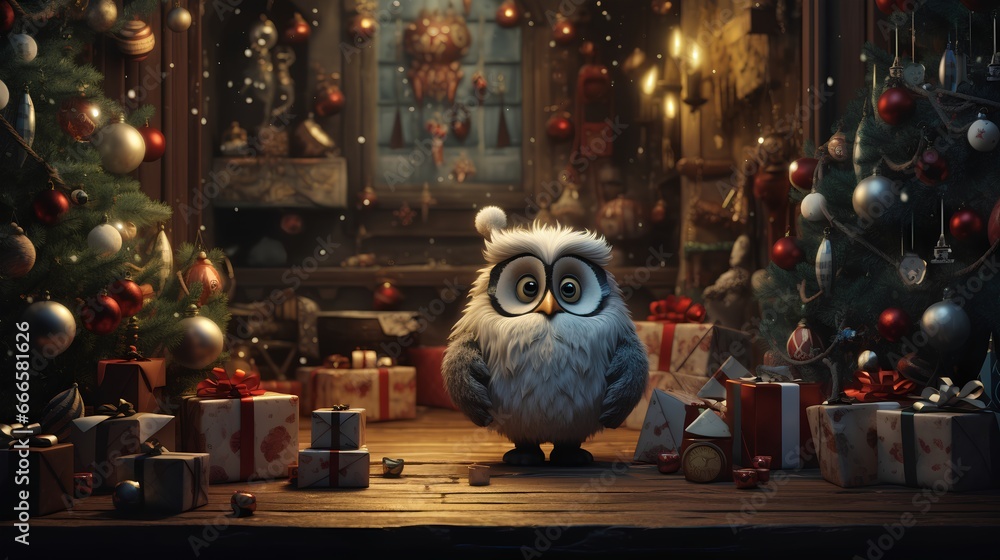 Funny Christmas owl, adorned with festive ornaments and winter themed decorations. The owl is illustrated with a playful, holiday inspired design, featuring traditional snowed Christmas elements.