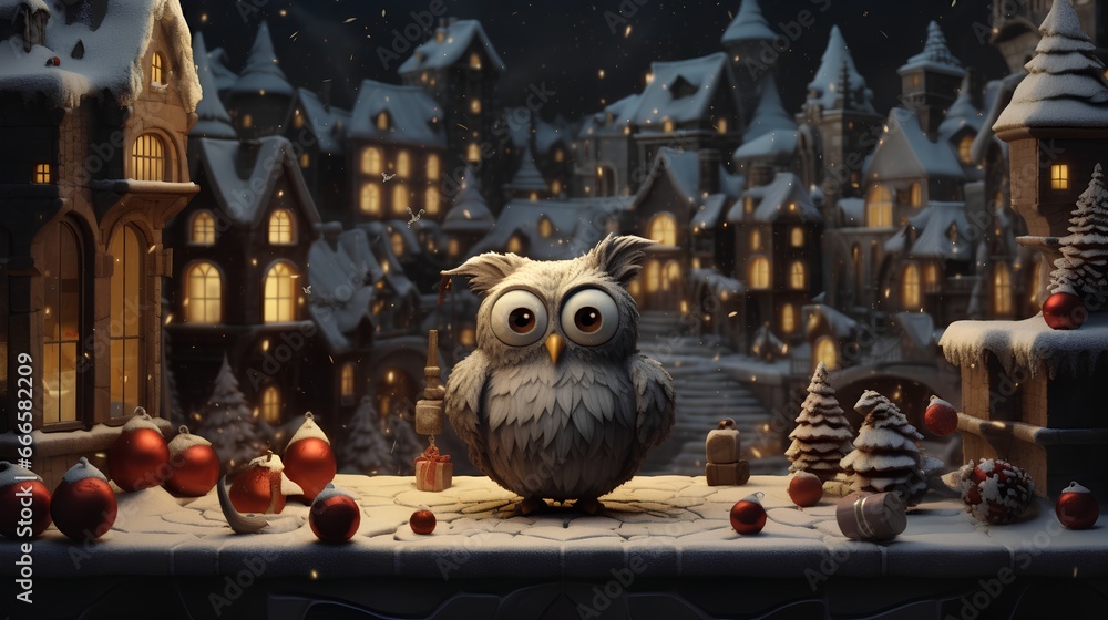 Funny Christmas owl, adorned with festive ornaments and winter themed decorations. The owl is illustrated with a playful, holiday inspired design, featuring traditional snowed Christmas elements.