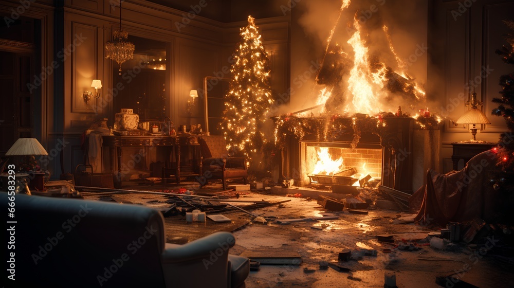 Dramatic image with burning Christmas tree in living room with flames. House with burning decorations disaster. Importance of fire safety during the holiday season when using candles in dry fir.