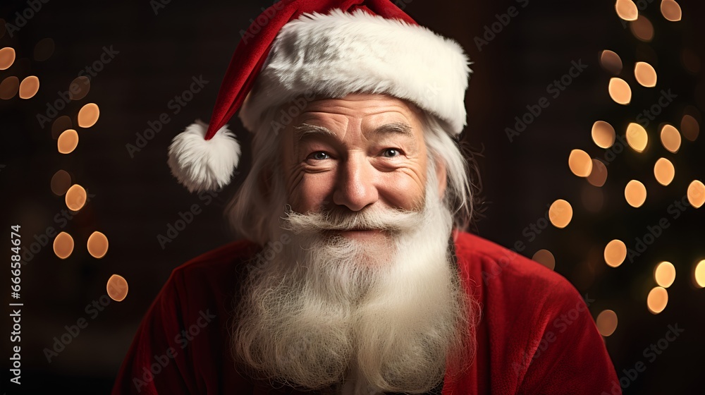 Portrait of a charming senior man, donning a festive Santa Claus hat. His white and gray beard adds to his jovial and authentic Santalike appearance, making the image perfect for Christmas holiday.