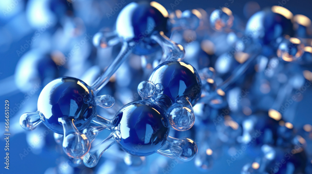 Abstract of Hyaluronic acid molecules. Hydrated chemicals, molecular structure and blue spherical molecule.