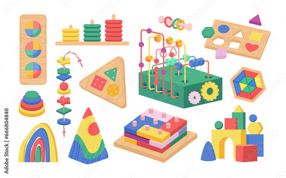 Cartoon isolated wood blocks and puzzle games for preschool kids, pedagogic therapy in kindergarten for fine motor activity and early development. Montessori occupational toys set vector illustration