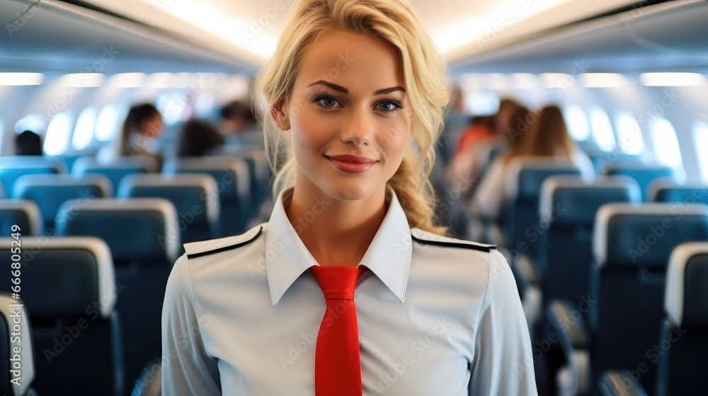 Portrait of an air hostess standing in an airplane.