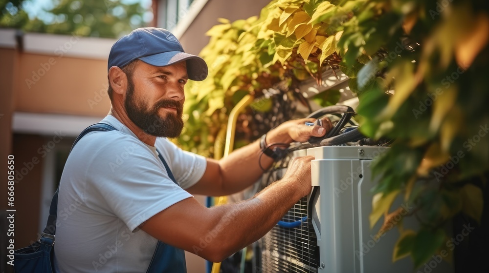 Air conditioner technician services outdoor AC unit.