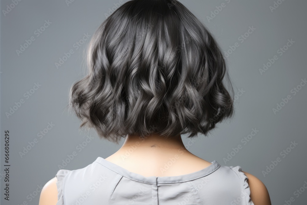 Haircuts for women with dark ash color hair, small perm, bob cut and short hairs, For women barber shops, Hair treatment therapy concept.