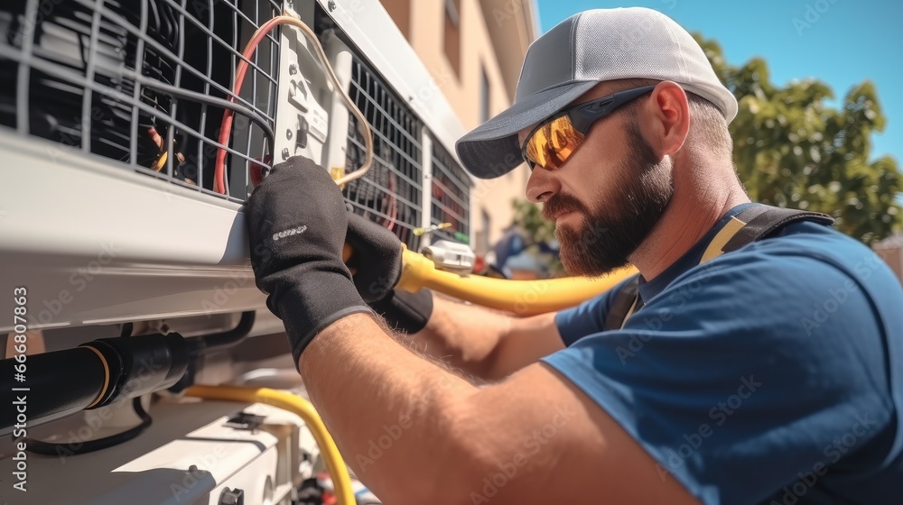 Air conditioner repairman works on home unit.