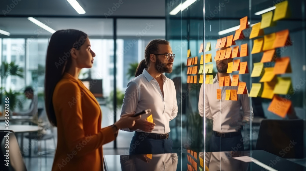 Group of creative marketing experts during planning work in modern office, making plans and projects with post stickers on glass partition.