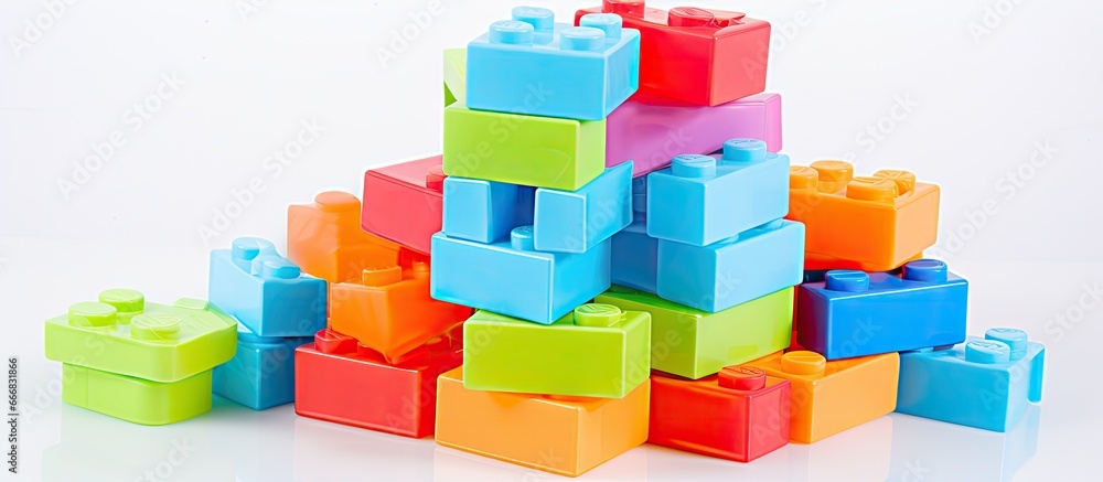 Kids playing with large colorful soft puzzle pieces made of plastic With copyspace for text