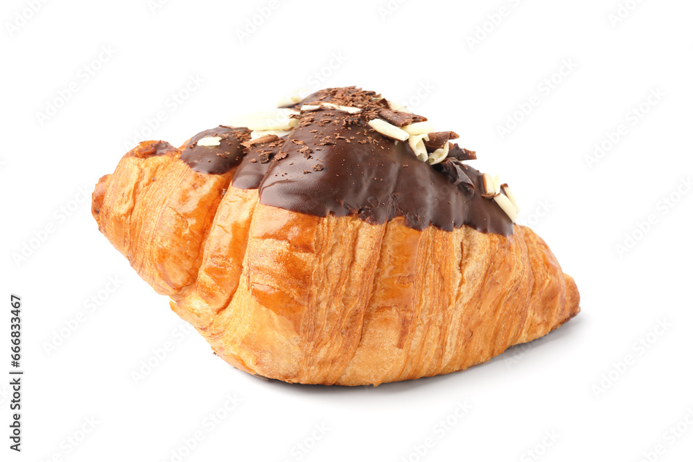 Tasty sweet croissant with chocolate and nuts isolated on white background