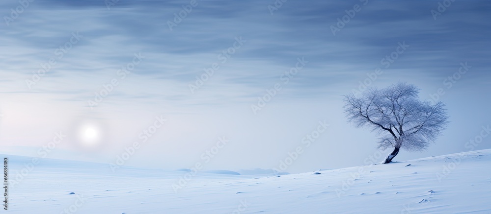 Simple natural winter scene Icy moon over snow covered slope Polar night landscape Bitter cold weather Extreme climate