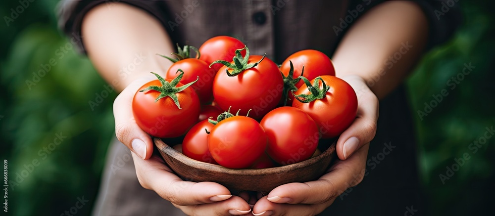 Woman holding tomatoes at farmers market stall in close up