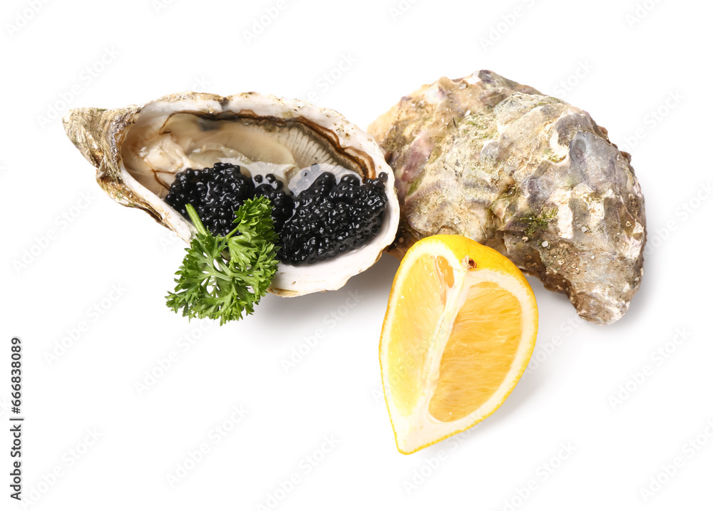 Tasty oysters with lemon and black caviar on white background