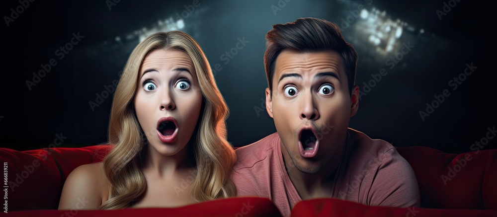 Shocked partners watching scary film on TV expressing surprise with mouth open