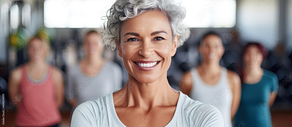 Joyful older woman observing female group fitness class