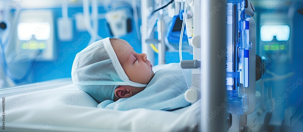 Intensive care unit with a newborn baby boy in an incubator