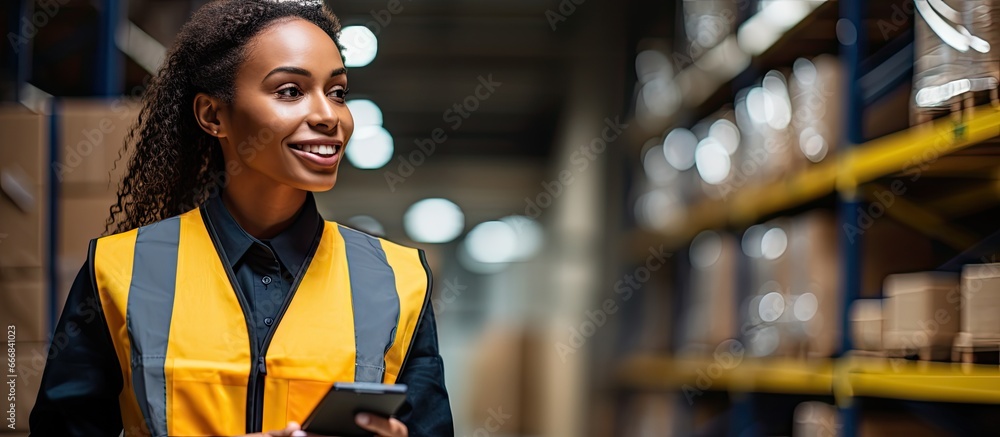 Woman in a distribution center wearing a reflective vest using a phone Distribution center manager near boxes Worker using an app to choose packages Warehouse job