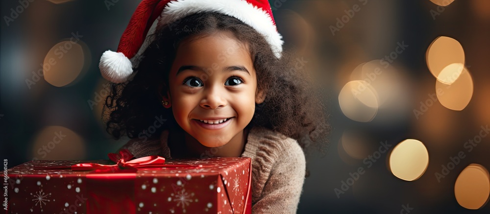 Curious girl in Santa hat listens to rattling gift in festive room