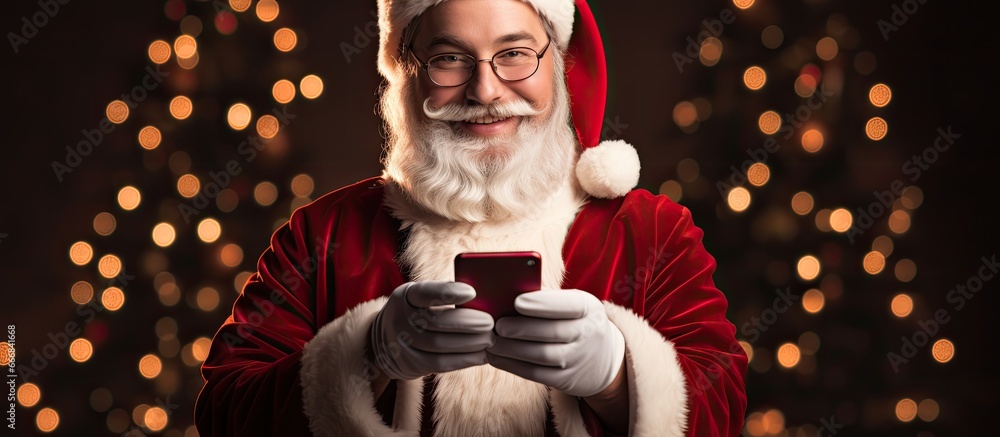 Closeup image of Santa Claus holding a blank space background smartphone utilizing wireless mobility technology