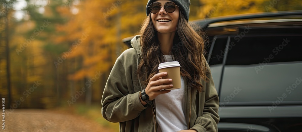 A young woman in casual clothes enjoys solitude in the autumn forest drinking coffee and traveling by car