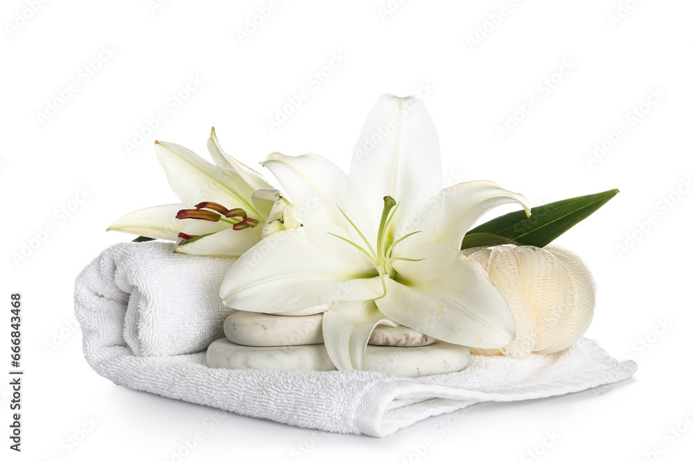 Set of spa accessories and beautiful lily flowers on white background