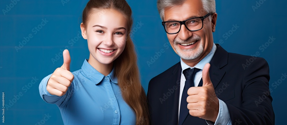 A joyous girl gives a thumbs up with her dad s support