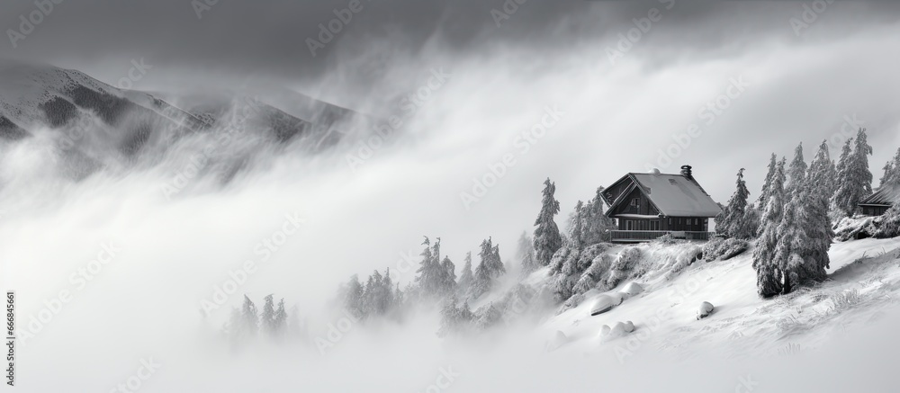 Mountain meteorological lodge during blizzard with low clouds and blowing snow like a monochrome scene