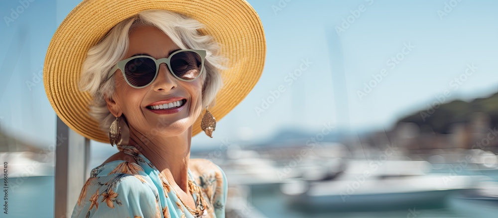 Elderly European woman enjoys vacation by the sea at marina pier