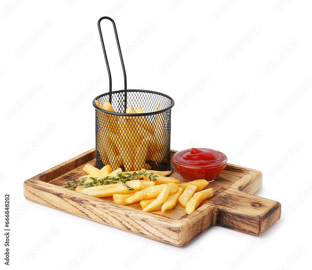 Wooden board of tasty french fries with ketchup on white background