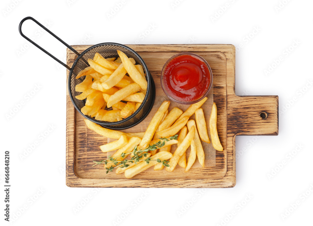 Wooden board of tasty french fries with ketchup on white background