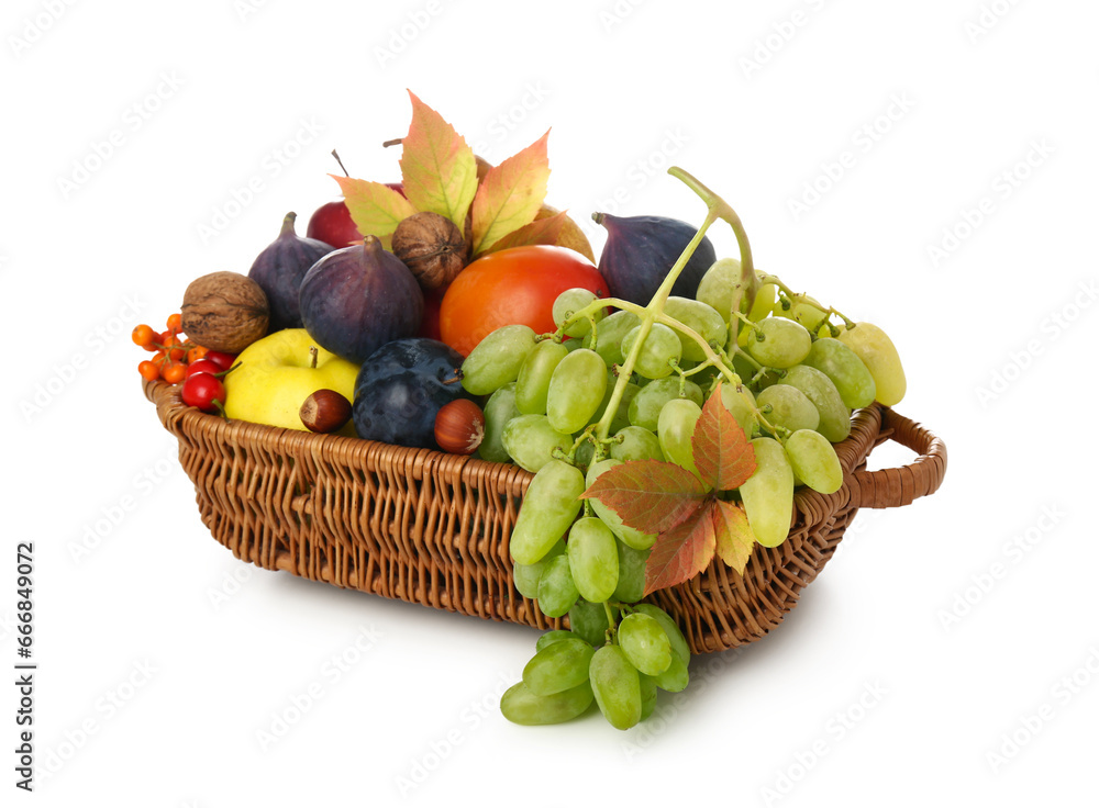 Wicker basket with different fresh fruits on white background