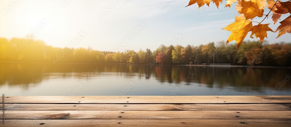 Autumn lake decor with wooden table