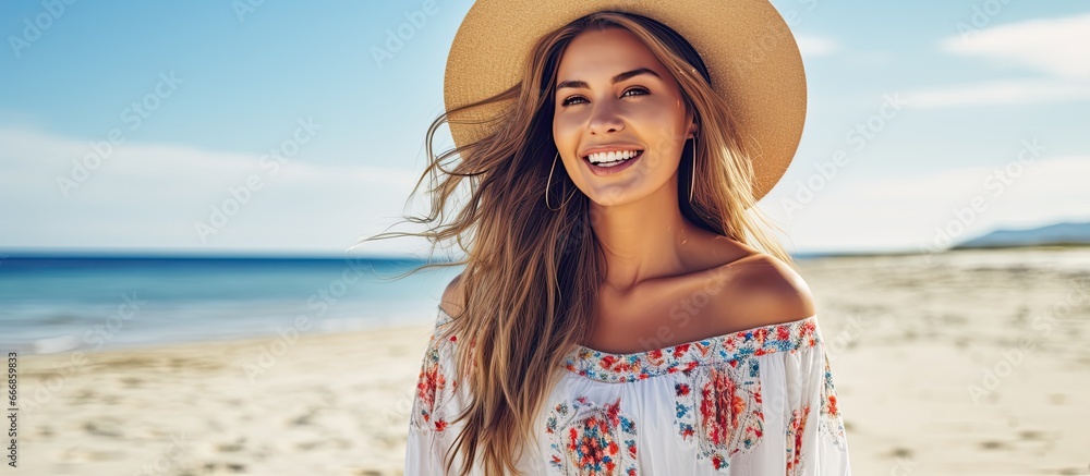 Stylish woman on beach in trendy outfit happy and free wearing boho chic attire and straw hat