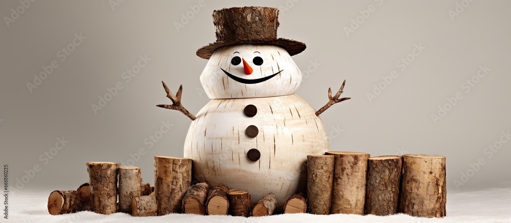 Joyful snowman constructed from solid tree trunk components