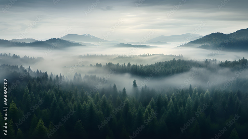 misty landscape with fir forest morning in the mountains vintage retro 