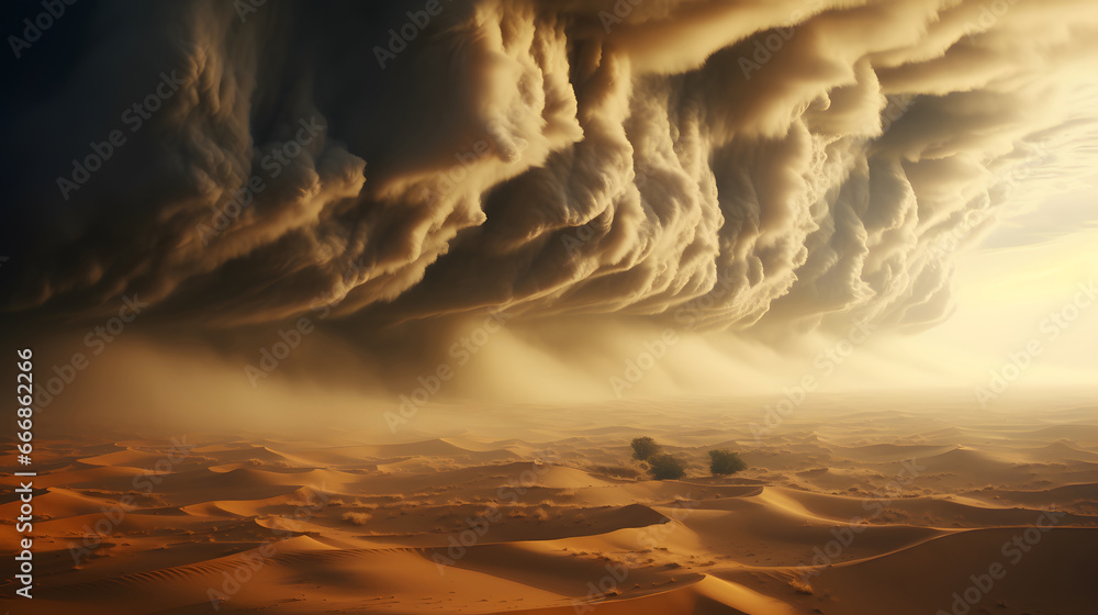 A large storm formed, light brown desert dunes and turbulent sandstorm clouds forming at the horizon,extreme weather events. 