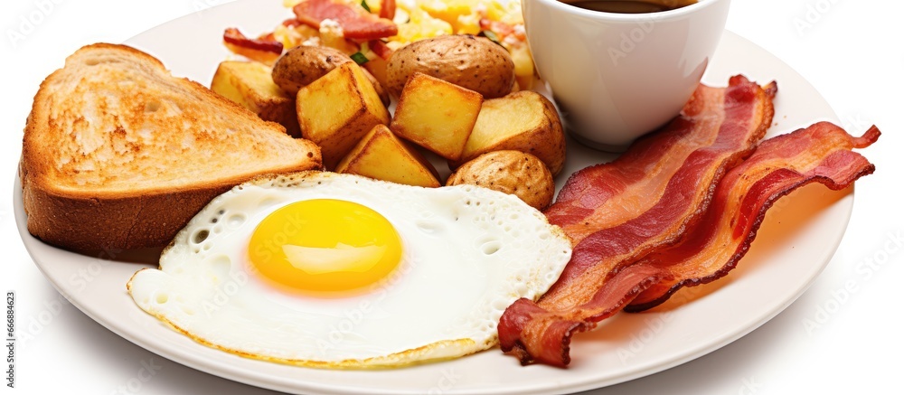 Breakfast plate with bacon eggs toast and potatoes