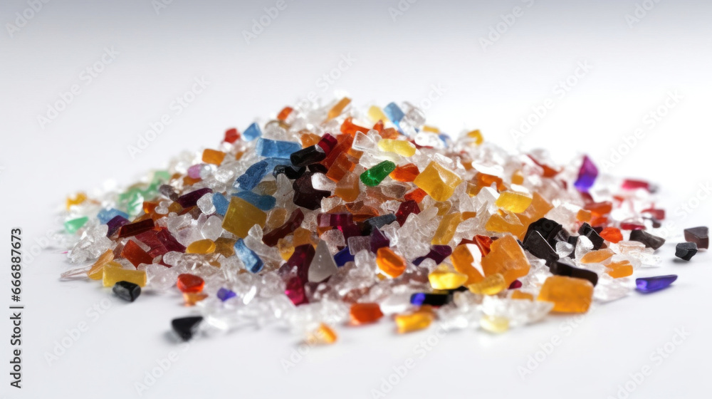 Crushed plastic granules on a white background.