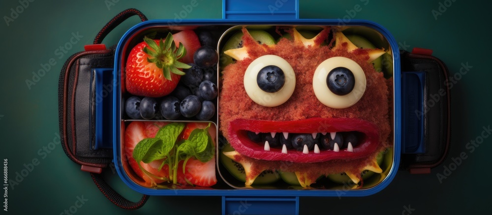 Overhead view of school lunch box with a cute monster sandwich salami and fresh berries