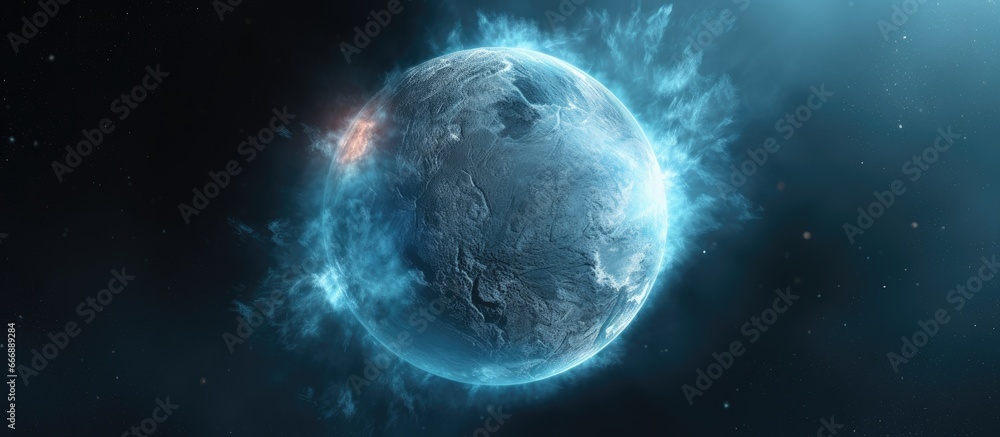 Artificial Intelligence rendering of cold exoplanet with high resolution texture abstract isolated background