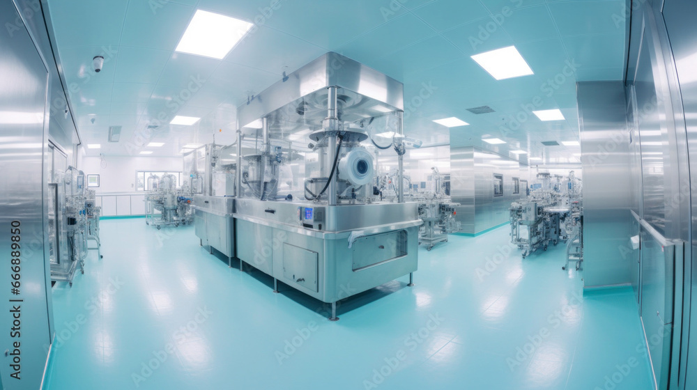 Interior of Pharmaceautical clean room, industrial design for large scale chemical production in controlled sterile conditions.