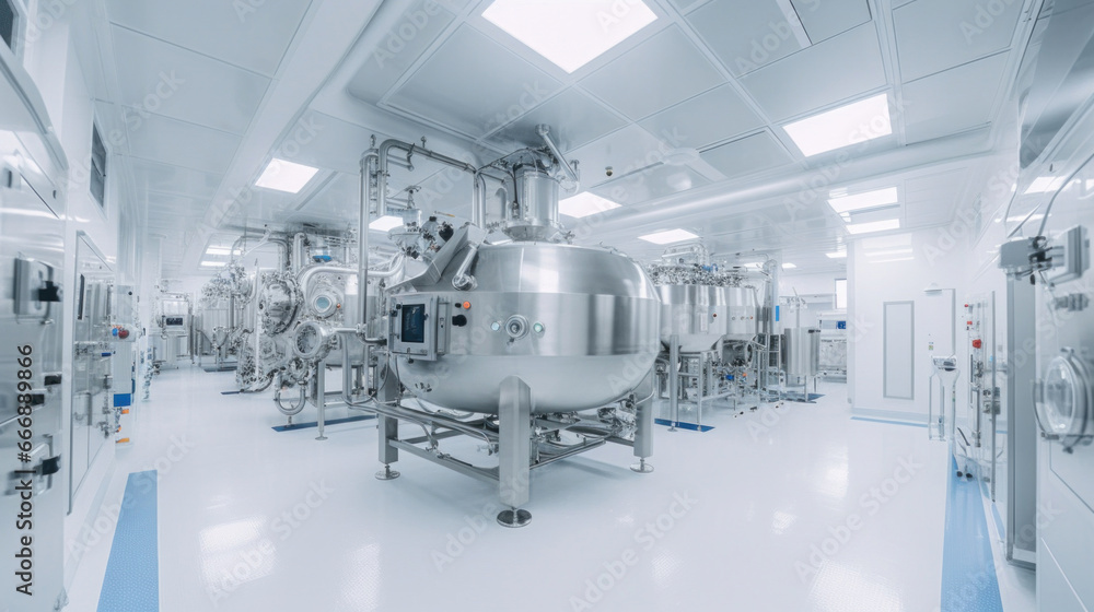 Interior of Pharmaceautical clean room, industrial design for large scale chemical production in controlled sterile conditions.