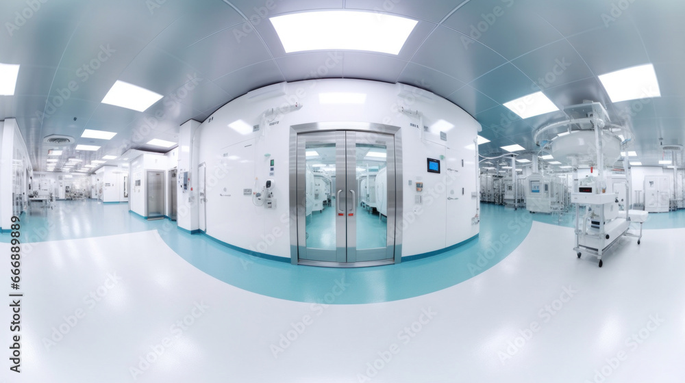 Interior of Pharmaceautical clean room, industrial design for large scale chemical production in controlled sterile conditions.